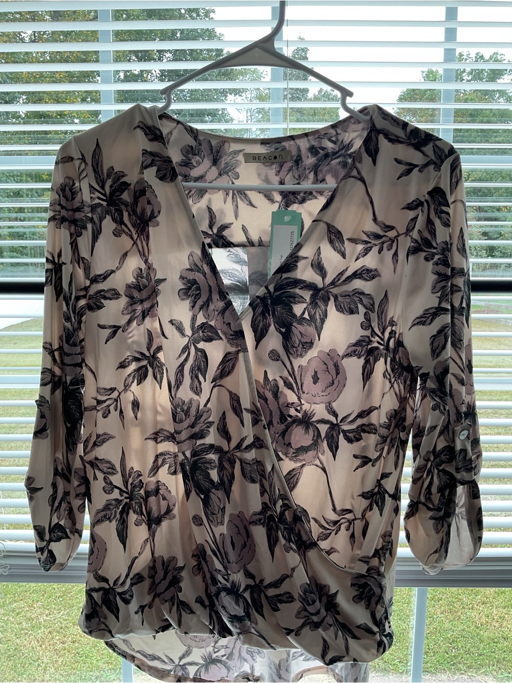 Beacon Blush Floral Wrap Blouse with Black Print
